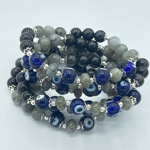 Crystal beaded stretch bracelet ONE NEW evil eye silver obsidian labradorite rei - Picture 10 of 12